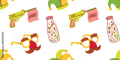 Seamless repeat pattern with disguised glasses toy guns and confetti bottles for april fools day branding and festive holiday packaging. Funny wallpaper design for spring events