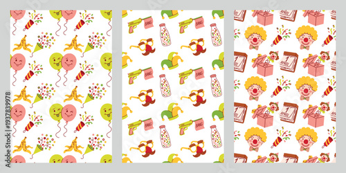 Set of three seamless patterns with april fools day prank items and festive symbols for holiday branding and cohesive textile collection design. Bundle of repeating prints for spring