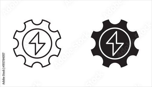A collection of thin line icons for the gear settings control panel. Contains editable vectors of settings, configuration, search, star, and flash.
