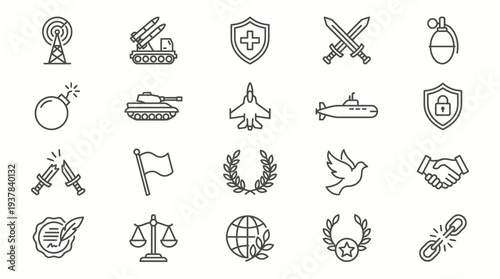 A collection of black and white icons representing various military and symbolic elements displayed on a plain background from a straightforward viewpoint