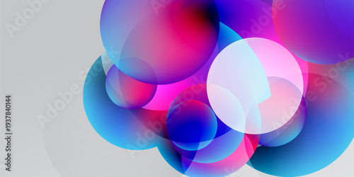 Abstract circles overlap, creating vibrant pinks, blues, purples. Soft gradients blend into dark background. Modern, dynamic composition.