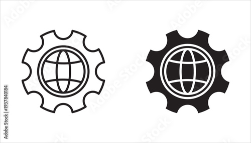 A collection of thin line icons for the gear settings control panel. Contains editable vectors of settings, configuration, search, star, and flash.