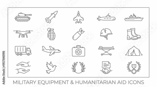 Collection of Military Equipment and Humanitarian Aid Icons Displayed in a Grid Format