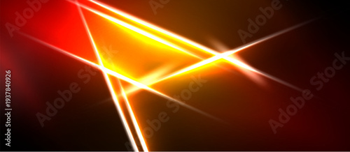 Abstract vibrant lines intersect, creating bright energy. Warm colors dominate dark background. Dynamic composition suggests speed, power.