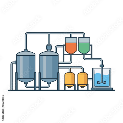 Industrial production facility with large tanks and pipes, illustrating chemical processing or manufacturing