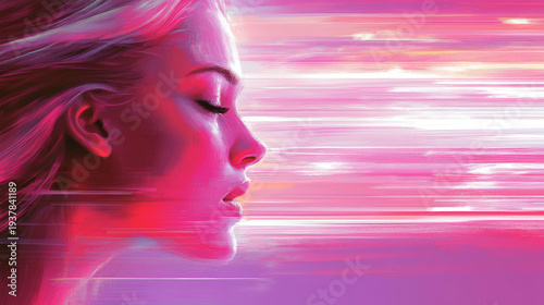Ethereal digital painting of a woman's profile with closed eyes, surrounded by vibrant pink and violet light trails suggesting motion, dreams, or a transcendental state.