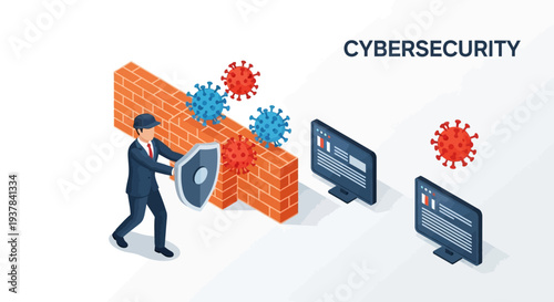 Illustration of a businessman holding a shield protecting a brick wall from cyber threats with computers and virus icons nearby, representing data protection and network security in a