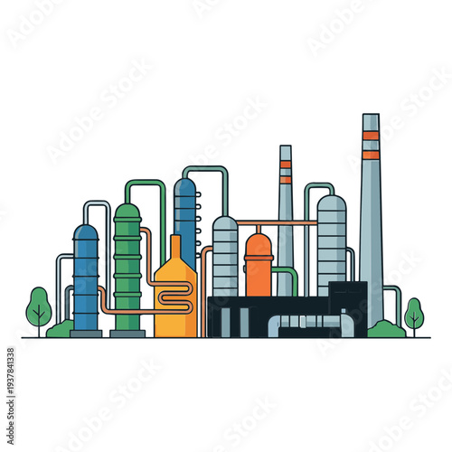 Factory Buildings Collection Exterior Manufacturing, Gas Station and Oil Refinery Engineering Chemical Industry Flat Vector Illustration Set