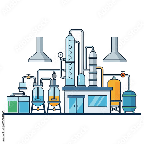 Factory Buildings Collection Exterior Manufacturing, Gas Station and Oil Refinery Engineering Chemical Industry Flat Vector Illustration Set