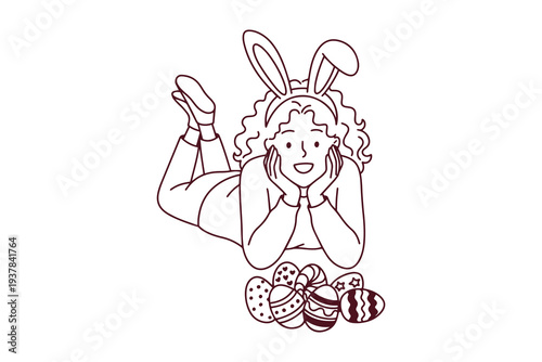 Easter egg hunt coloring page showing little girl wearing bunny ears headband having found hidden eggs on grass during spring holiday fun