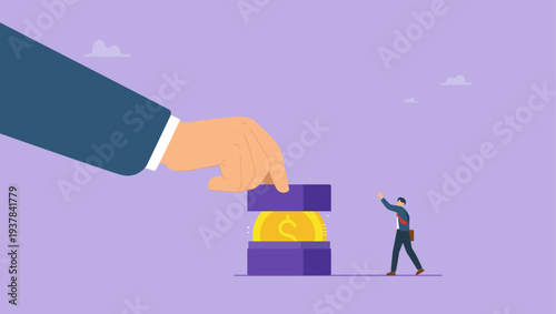 Big hand give bonus money in gift box to businessman. Gift box with money bonus concept.