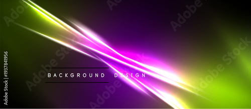 Abstract neon lines intersect dark background. Vivid green, purple hues create dynamic visual effect. Text reads background design.