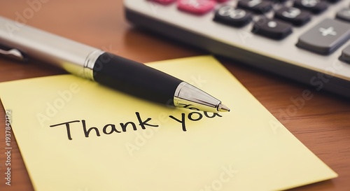 A thank you note with a pen on a desk next to a calculator