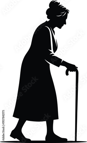 Black silhouette of elderly woman walking with cane isolated on white background, senior citizen profile symbolizing aging, retirement, fragility, loneliness and elderly care concept