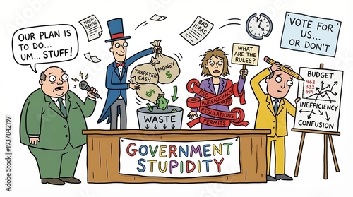 Cartoon politicians engaged in corrupt government practices at a wooden desk