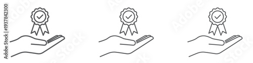 Minimalist line art vector graphic illustration depicting three instances of a human hand offering a certified quality guarantee award ribbon symbol.