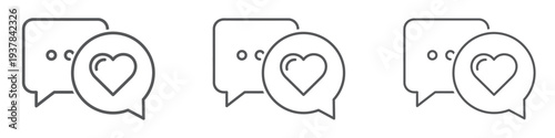 Minimalist vector graphic illustration set displaying sequential stages of a communication bubble overlaid with a prominent heart icon symbolizing positive user feedback and liking actions.