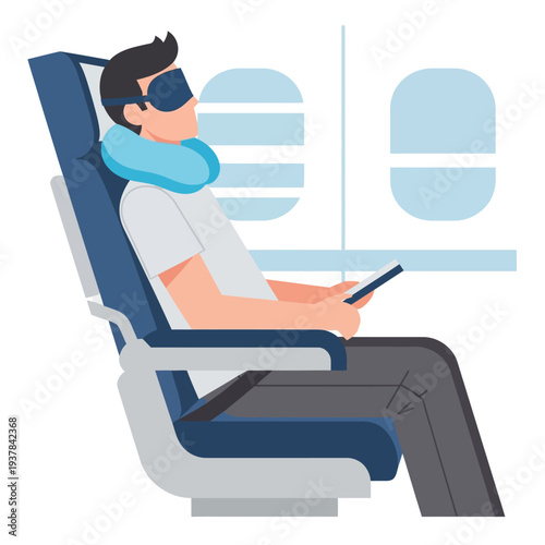 Man sleeping comfortably on an airplane with a neck pillow and eye mask.