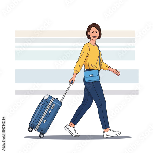 Young woman walking with luggage.