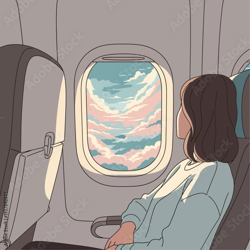 Woman looking out airplane window at clouds.