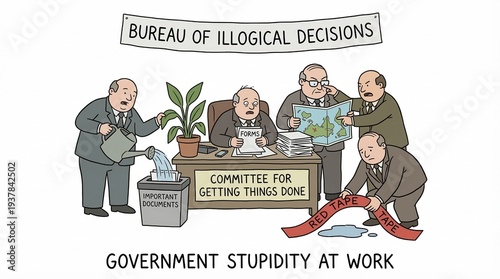 Government officials making illogical decisions in a bureaucratic office setting
