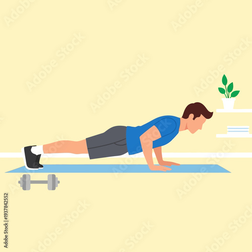 Man doing push-ups on a mat with dumbbells nearby.