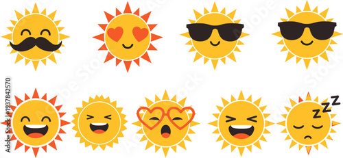 Cute cartoon sun emojis with various expressions, including happy, cool, and sleeping faces.