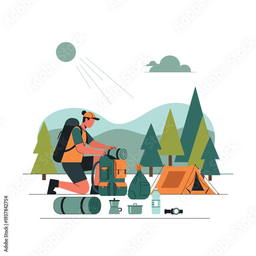 Man packing backpack for camping trip in forest.