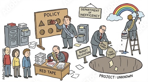 Office workers navigate policy inefficiencies and bureaucracy in a chaotic workspace with red tape and unknown project challenges