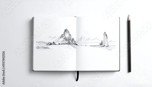 Sketchbook showing a desert landscape with mountains, a figure, and pencil on white surface, minimalist scene