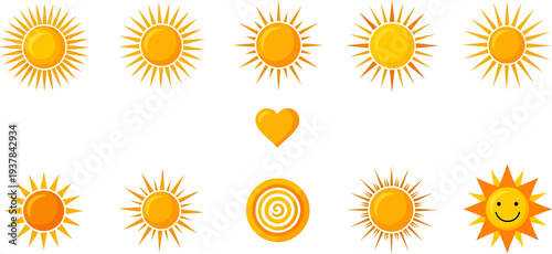 Bright collection of various sun icons, heart, and spiral symbols