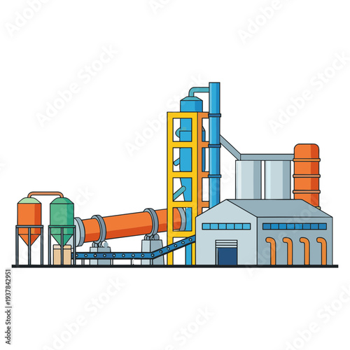 Industrial factory processes materials with large machinery and storage silos