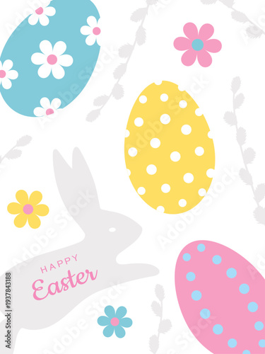 Easter greeting card. Vector illustration. Painted Easter eggs, a gray bunny, flowers, and pussy willow branches on a white background. Vertical banner for sales and discounts. Festive background.