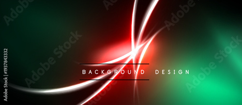 Abstract neon lines create dynamic flow. Red, green, white colors blend into dark background. Modern design element.