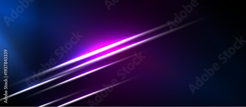 Abstract background features diagonal lines, vibrant blue, purple hues. Dramatic lighting creates modern aesthetic. Dark space dominates composition.