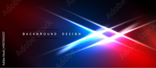 Abstract background features vibrant blue, red light streaks. Central bright glow creates dynamic visual impact. Modern design element.