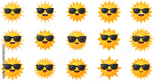 Collection of cheerful suns wearing sunglasses, bright and happy summer vector illustration.