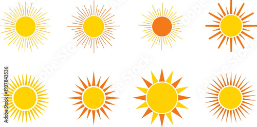 Collection of diverse sun icons with various ray designs and vibrant colors