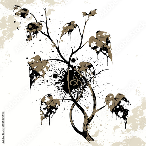 Abstract vine with splattered ink and distressed leaves