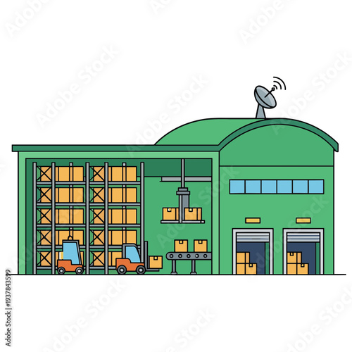 An illustration depicts a green industrial building with a satellite dish on its roof and workers inside.