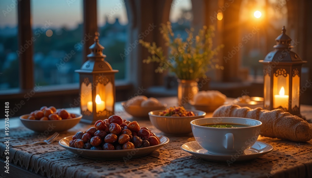 Fototapeta premium Warmly lit table setting with food and lanterns for a cozy evening meal indoors