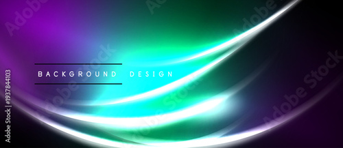 Abstract vibrant background. Smooth curves, flowing light, purple, green, turquoise hues create dynamic visual effect. Modern design element.
