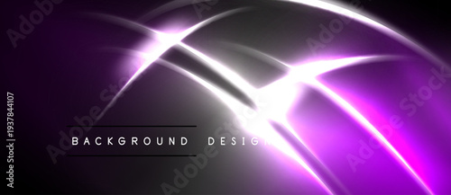 Dark purple background features bright neon lines, curves, light flares. Modern design element for digital projects.