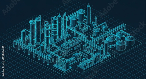 Futuristic Industrial Complex Blueprint Digital Rendering.