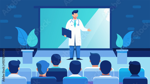 Professional medical speaker lecturing at scientific symposium auditorium.eps