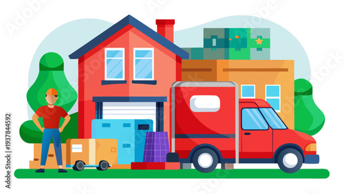 Professional movers unloading cardboard boxes from a delivery van to a house.eps