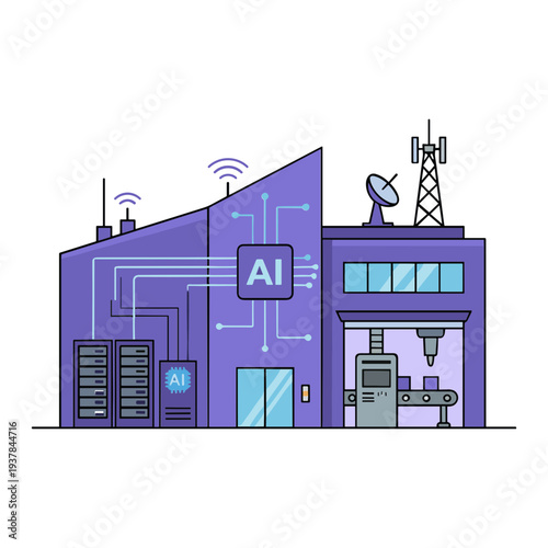 An industrial building with AI technology and satellite communication systems installed on the roof and interior machinery operating.