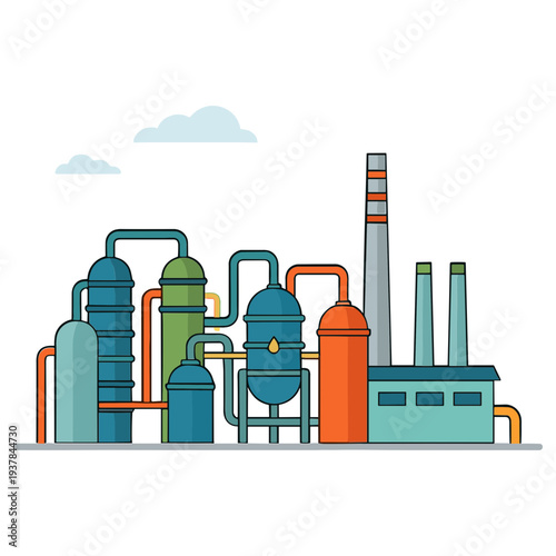 Industrial factory complex with pipes and smokestack emitting smoke