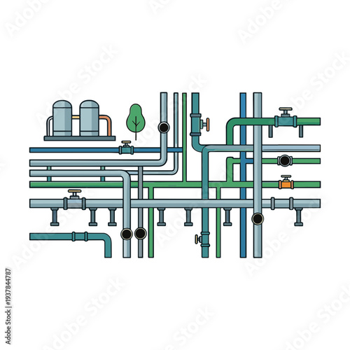 The industrial plant showcases pipes and valves with a tree nearby.