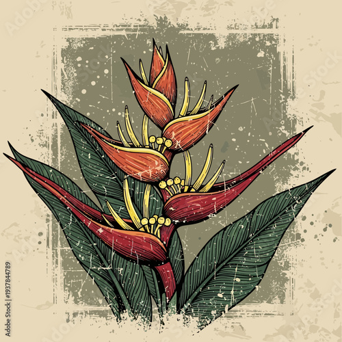 Tropical Heliconia Flower Illustration with Vintage Texture Background